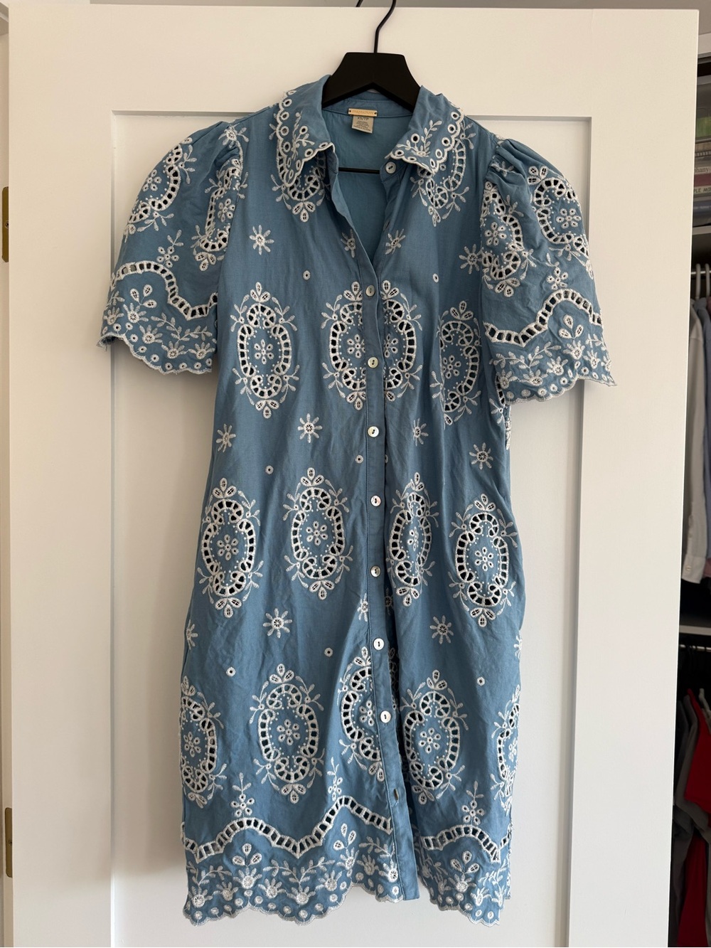 Embroidered Eyelet Button-Down Shirt Dress in Dusty Blue